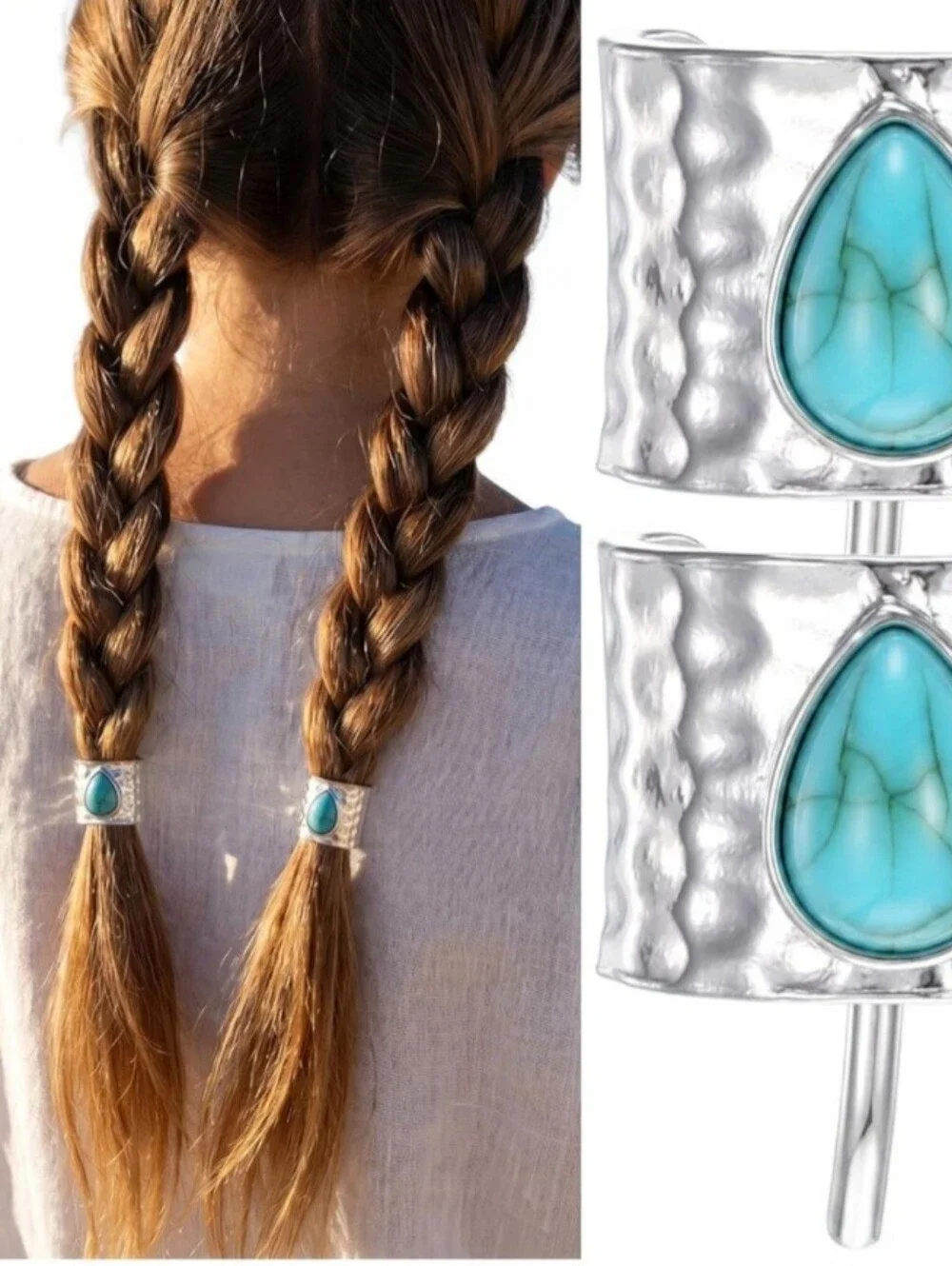 Silver Colored Teardrop & Turquoise Colored Decrative Hair Cuffs